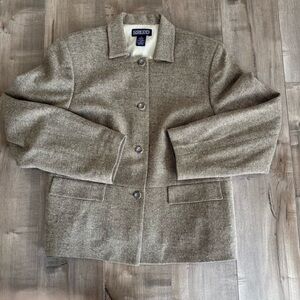 Lands End Jacket Blazer Wool Cashmere Women 12 Tan Speckle Square Neck Office